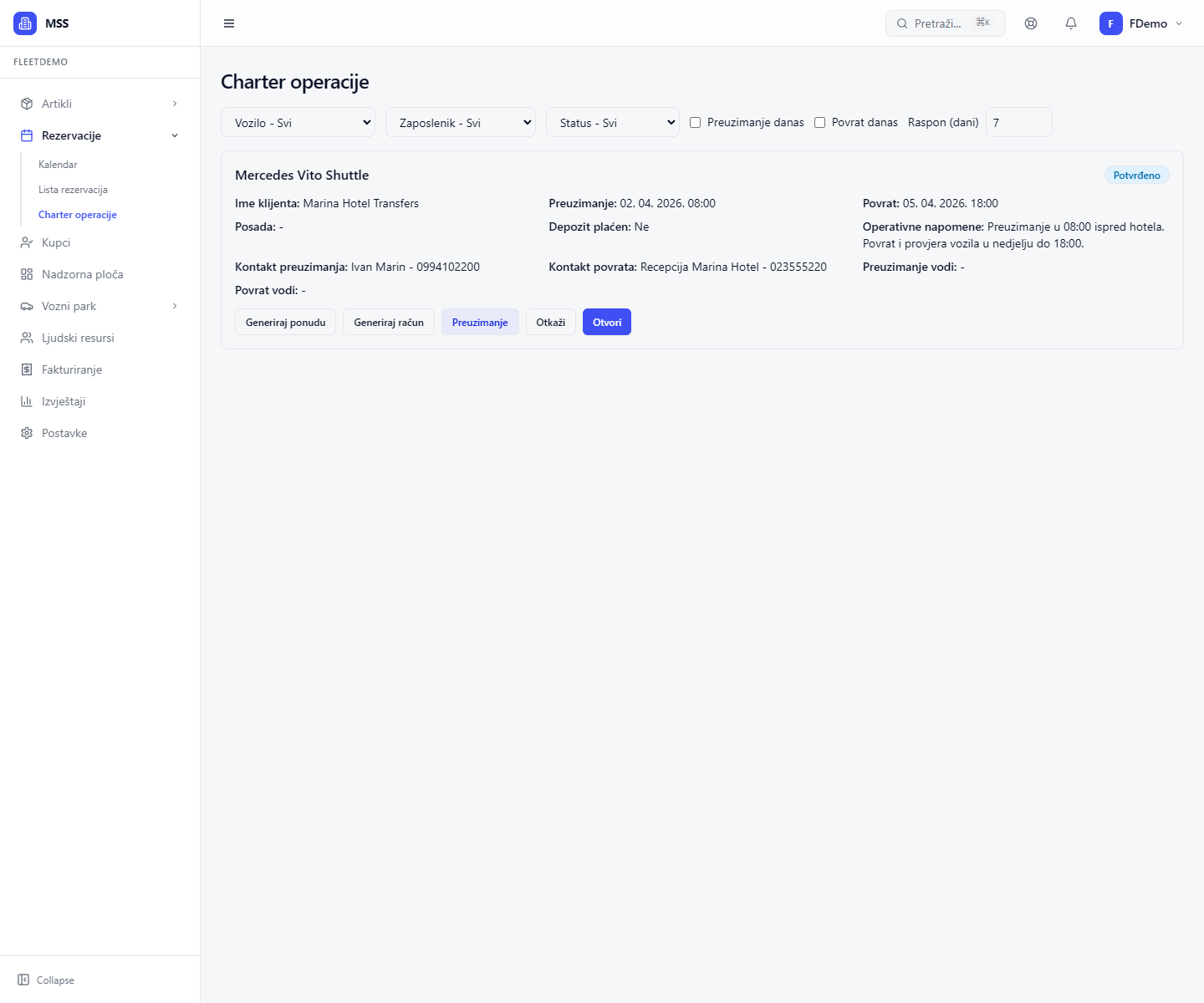 Fleet operativa s potvr&dstrok;enom rezervacijom
