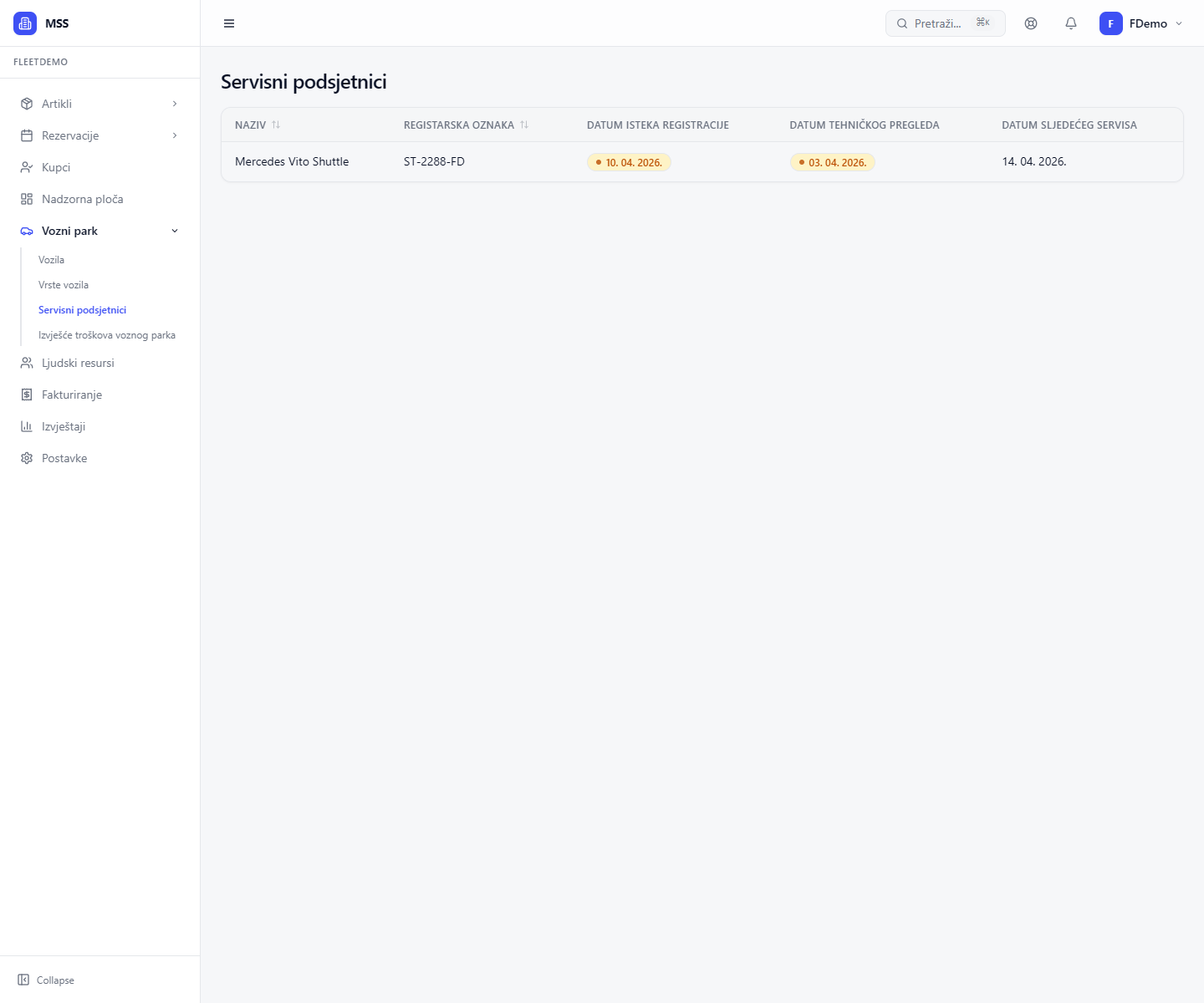 Servisni podsjetnici za vozila