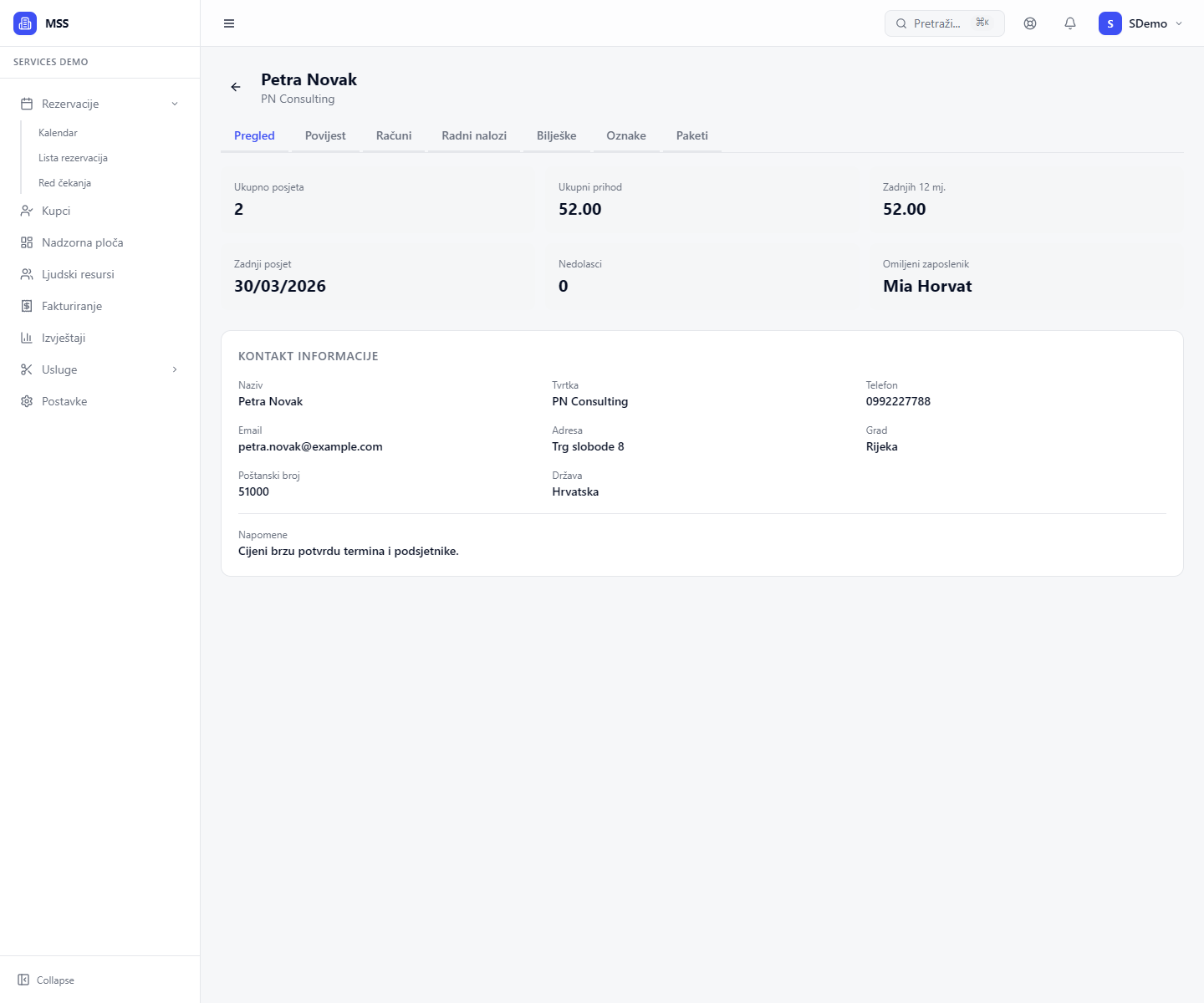 Detalj kupca u services scenariju