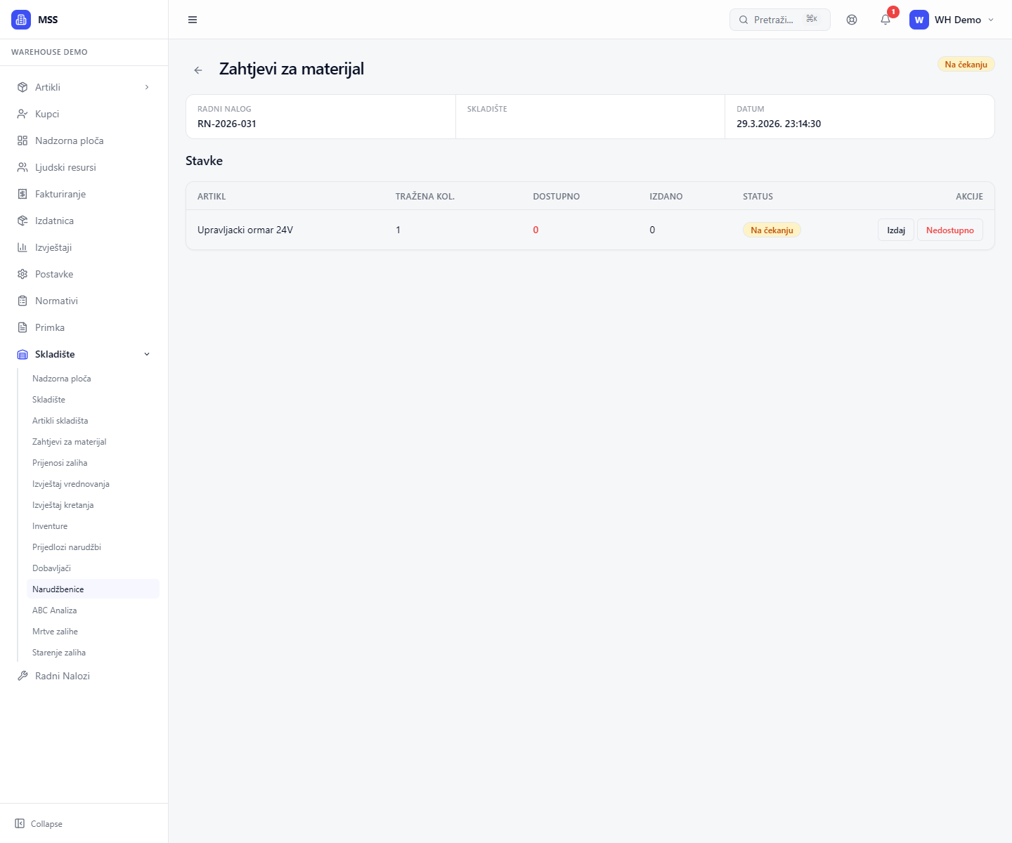 Zahtjev za materijal na &ccaron;ekanju